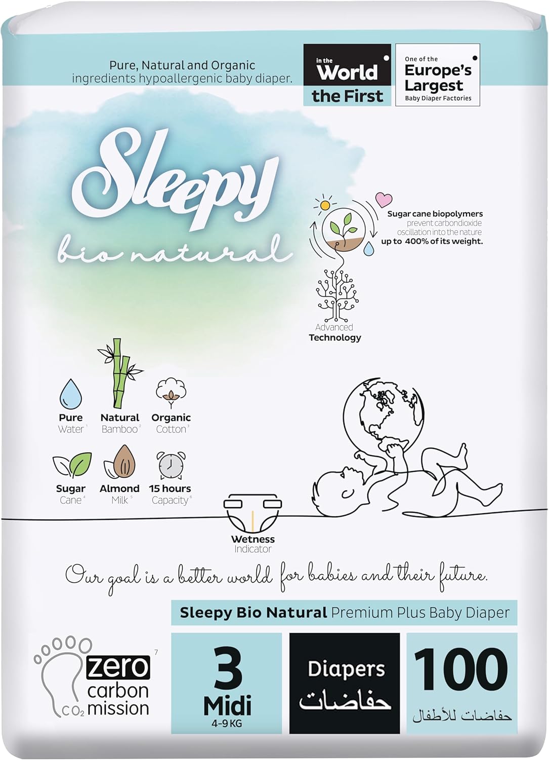 Sleepy Bio Natural Premium Size 3 Diapers | 100 Count | Hypoallergenic Baby Diapers for 4-9Kg